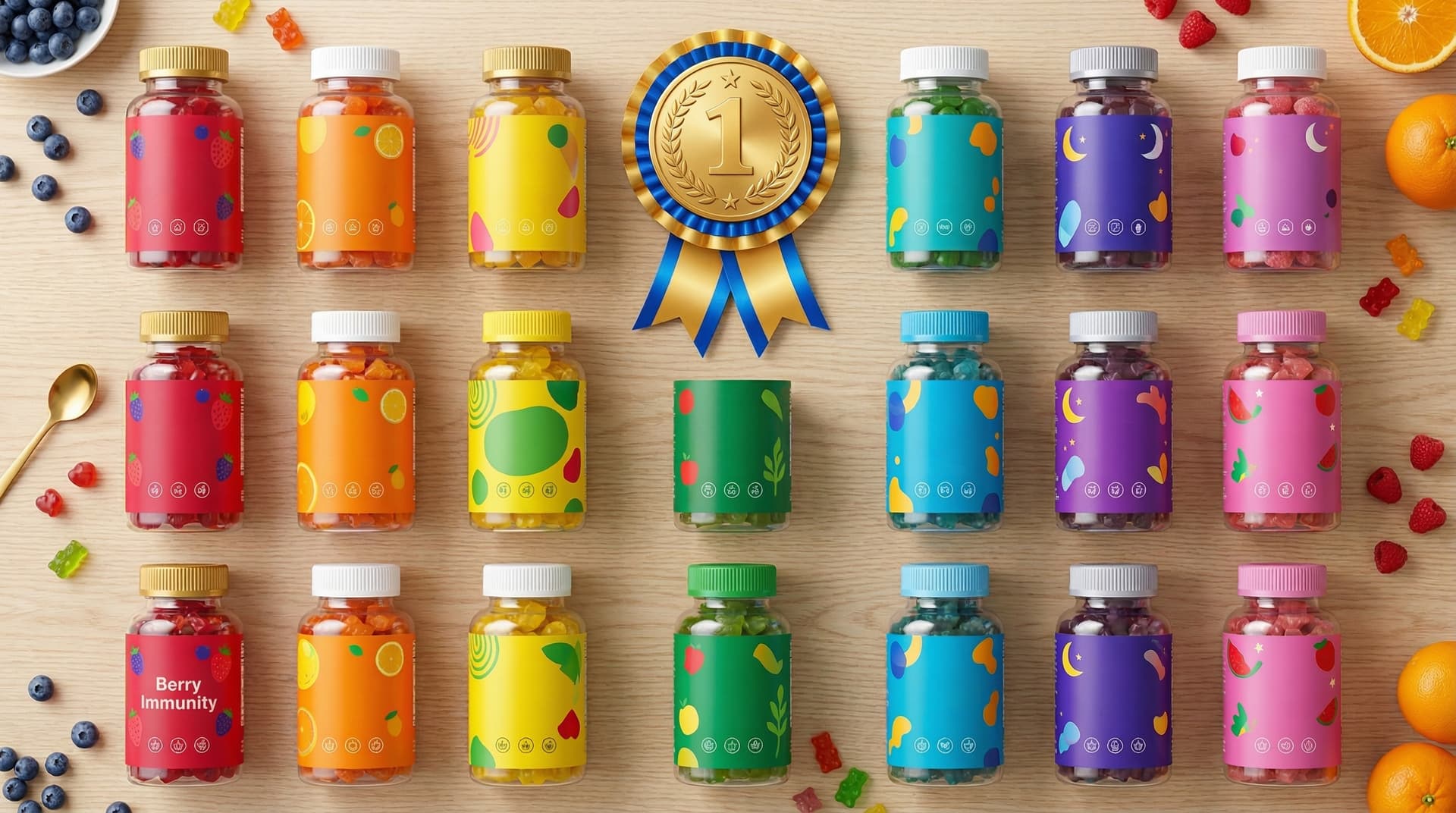 Verschillende melatonine gummy supplementen naast elkaar