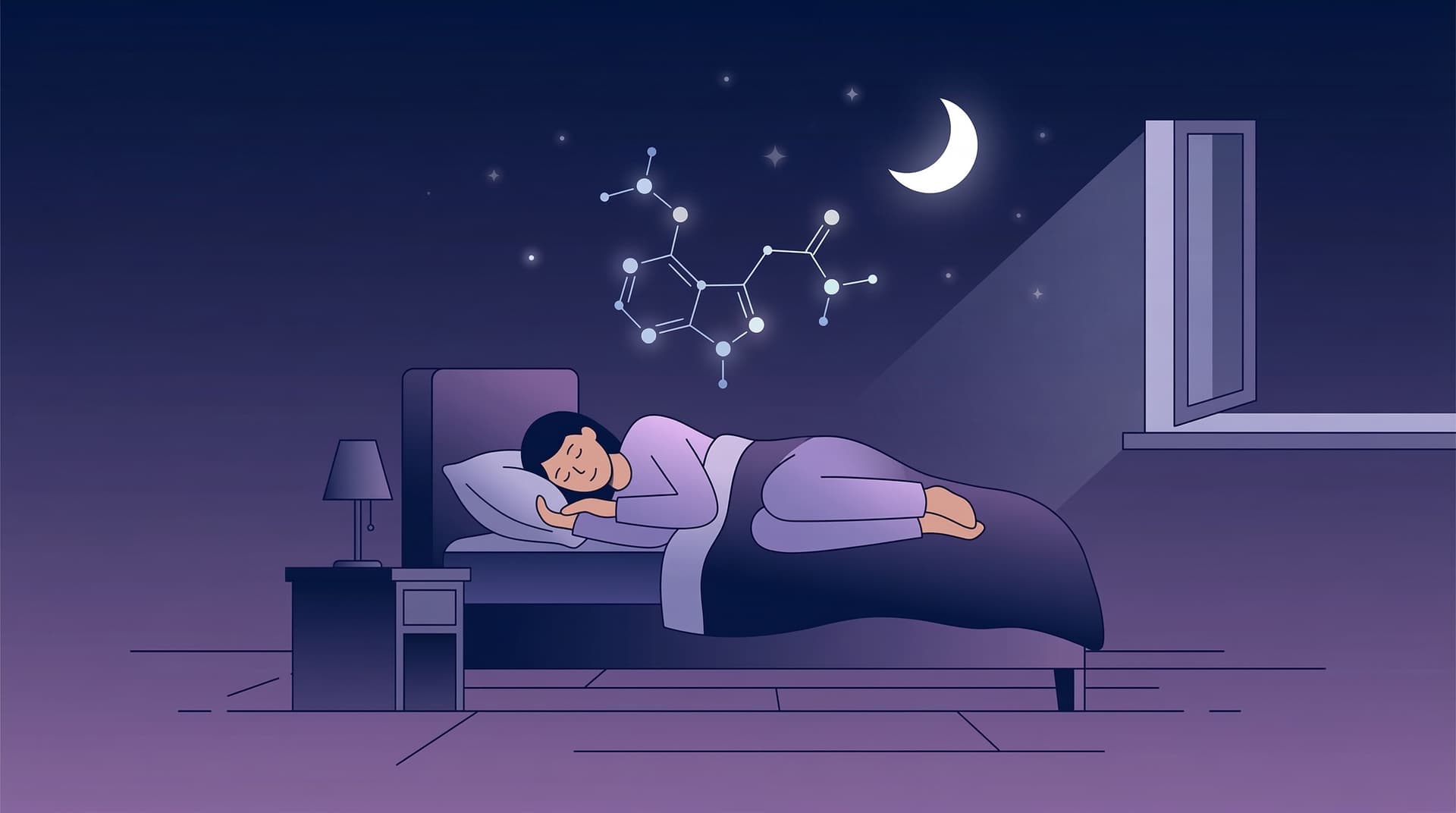 Illustratie van een persoon die in slaap valt met melatonine moleculen