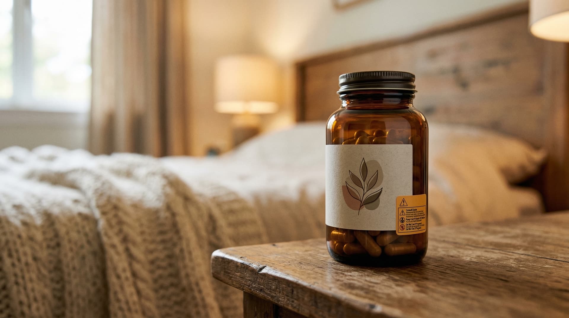 Supplementflesje met waarschuwingslabel op nachtkastje